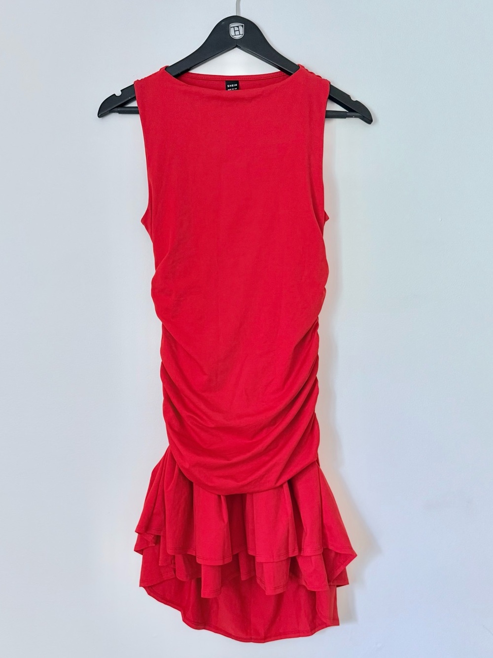 SHEIN Teen Red Sleeveless Ruched Tiered-Hem Dress SZ.S